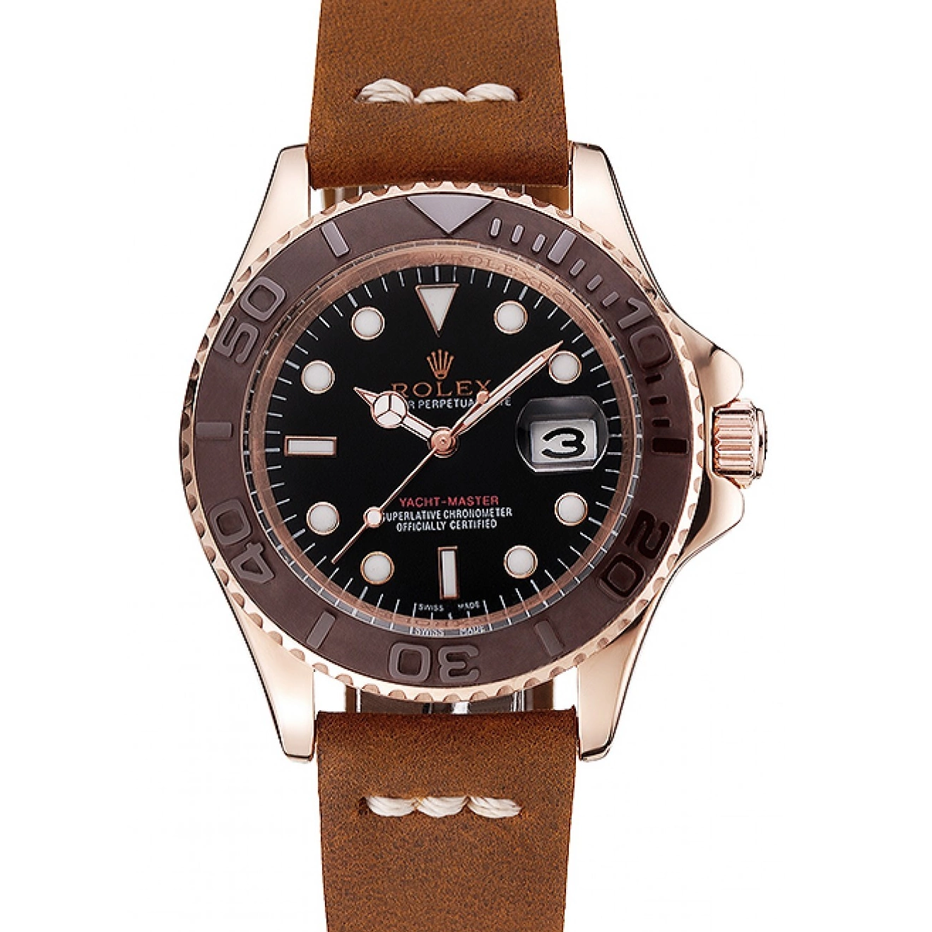 Aaa replica Gold Brown Yacht Bezel Black Dial 1453860 Case Rolex Rose Master Leather Brown Bracelet 0712